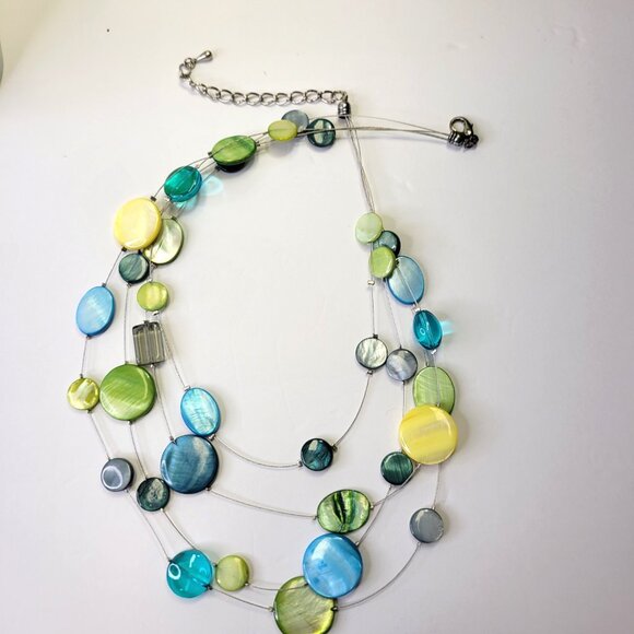 Floating Bead Necklace with Blue and Green Flat Round Discs - Picture 3 of 6
